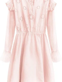 Bavlněné dámské šaty v pudrově růžové barvě s výšivkou (303ART)