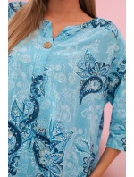 Dámská bavlněná blůza s ohrnovacími rukávy a paisley vzorem turkusová Dámská bavlněná blůza s ohrnovacími rukávy a paisley vzorem turkusová