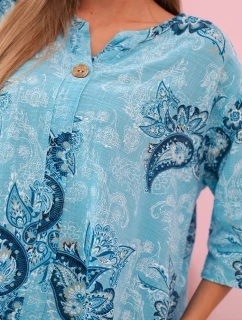 Dámská bavlněná blůza s ohrnovacími rukávy a paisley vzorem turkusová