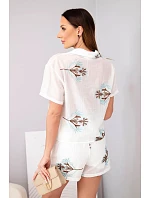 Dámský komplet košile s krátkým rukávem a sukně-šortky vyšívané ecru