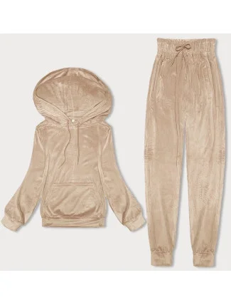 Světle béžová dámská velurová souprava s kapucí (8C1175-159)