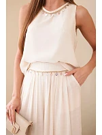 Dámský komplet s viskózou, top bez rukávů a kalhoty se širokou nohavicí a ozdobným zakončením béžový