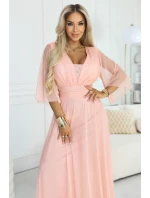 654-4 Dlouhé třpytivé plus size šaty s výstřihem a průhlednými rukávy - broskvová barva