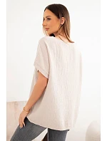 Dámská bavlněná mušelínová oversize halenka s výstřihem do V a krajkou béžová Dámská bavlněná mušelínová oversize halenka s výstřihem do V a krajkou béžová