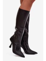 Dámské kozačky na jehlovém podpatku pod kolena Vionette – černé