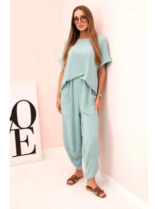 Komplet z viskózy halenka + kalhoty tmavá máta