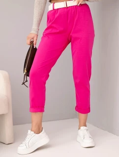 Dámské bavlněné kalhoty s páskem a ohrnutými nohavicemi fuksja