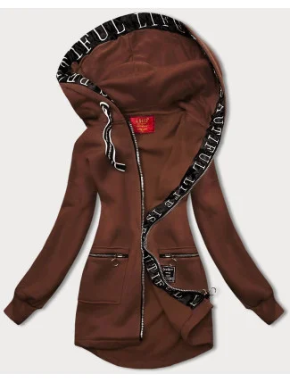 Jednoduchá hnědá dámská mikina s ozdobným zipem (AMG-37)