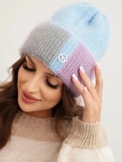 Dámská čepice barevná z viskózy s ozdobným knoflíkem modrá + šedá