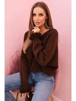 Svetr dámský z mohéru s nařasenými rukávy a výstřihem na zádech hnědý Svetr dámský z mohéru s nařasenými rukávy a výstřihem na zádech hnědý