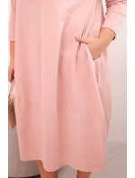 Dámská bavlněná šaty Plus Size s ohrnutým rukávem a kapsami pudrově růžová