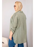 Dámská bavlněná košile ve velikosti Plus Size s límečkem a krajkovou vsadkou khaki