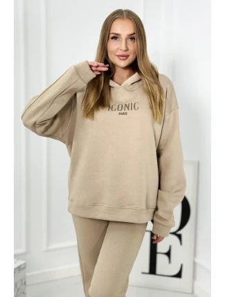 Izolovaná bavlněná souprava, mikina s vyšívacími + kalhotami béžový