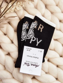 Dámské bavlněné ponožky s nápisem a medvídkem, černé