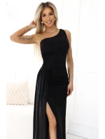 600-1 SELENA fenomenální dlouhé šaty na jedno rameno s třpytivými glitry a rozparkem na nohou - BLACK