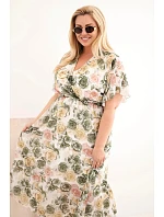 Dámské šaty plus size s květinovým vzorem a zavazováním khaki