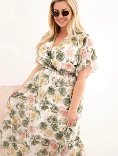 Dámské šaty plus size s květinovým vzorem a zavazováním khaki