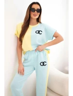 Dámský komplet máslový s oversize mikinou a širokými kalhotami žlutý + mátový