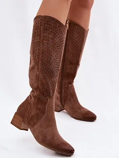 Dámské perforované kozačky na nízkém podpatku Vinceza 58637 světle hnědé