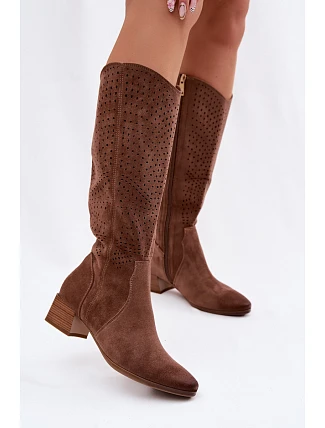 Dámské perforované kozačky na nízkém podpatku Vinceza 58637 světle hnědé