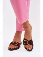 Dámské pantofle na ploché podrážce se zlatou sponou čokoládové Selivelle