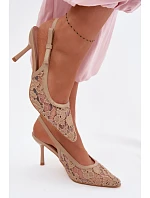 Dámské sandály na podpatku s krajkou tmavě béžové Pelivelle