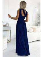 362-9 JUSTINE Dlouhé šaty se srdíčkovým výstřihem a zavazováním na zádech - GRANITE se třpytkami