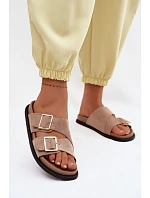 Dámské pantofle z imitace semiše s zlatými přezkami tmavě béžové Selissea