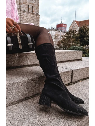 Dámské kozačky s ozdobou na kostku ekokůže Černé Ivanna