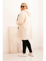 Dámský kabát Plus Size z umělého beránka s kapucí a kapsami ecru