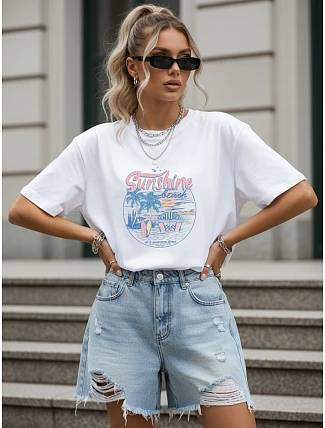 Dámské tričko oversize s letním potiskem, bílé, FashionStreet NX9005RY Dámské tričko oversize s letním potiskem, bílé, FashionStreet NX9005RY