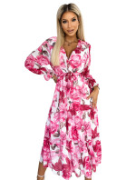 VALENTINA - Dámské midi šaty s výstřihem, páskem a se vzorem růžových růží na bílém pozadí 436-1