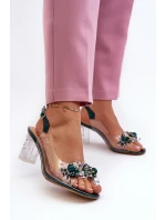 Průhledné sandály na podpatku s ozdobami zelené D&A MR38-D1 Průhledné sandály na podpatku s ozdobami zelené D&A MR38-D1
