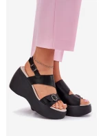 Kožené dámské sandály na platformě a podpatku S.Barski LR51-540 černé