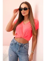 Dámská bavlněná blůza s výstřihem do V a krátkým rukávem neonově růžová