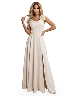 643-3 Elegantní večerní maxi šaty s rozparkem a růžemi - béžové