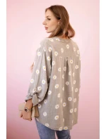 Lněná dámská halenka s květinovým vzorem, dlouhými rukávy a knoflíky kapučíno