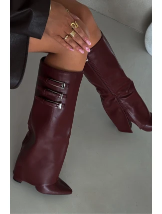 Dámské Kozačky Na Podpatku Otočený Svršek Pásky S Přezkami Bordové Nirisa