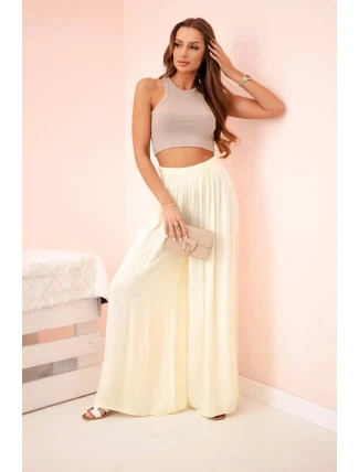 Široké dámské kalhoty z viskózy s elastickým pasem žluté