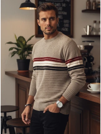 Pánský pruhovaný svetr světle hnědý FashionStreet WX2282