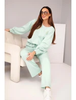 Dámský komplet máslová mikina s broží a kalhoty s rovnou nohavicí tmavě mátová