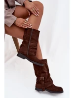Dámské kozačky s obráceným svrškem do poloviny lýtka s přezkou hnědé Minelle