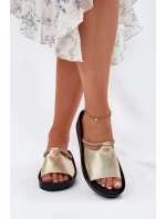 Kožené Dámské Pantofle S Dekorativním Páskem KV51-034 Zlaté Kožené Dámské Pantofle S Dekorativním Páskem KV51-034 Zlaté