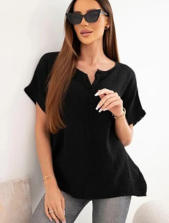 Dámská bavlněná mušelínová oversize halenka s výstřihem do V a krajkou černá