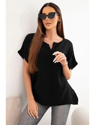 Dámská bavlněná mušelínová oversize halenka s výstřihem do V a krajkou černá