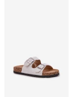 Materiálové pantofle na korkové podrážce s přezkami světle šedé Atera