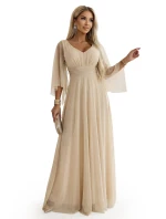 655-4 Dlouhé lehké třpytivé šaty s výstřihem a průhlednými rukávy - šampaňsko-béžová barva