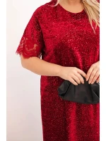 Dámská Plus Size šaty s flitry a krajkovým zakončením bordová