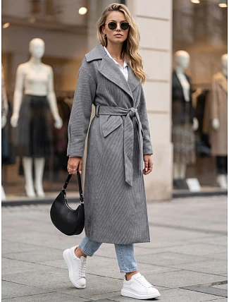 Dlouhý dámský kabát s páskem na přechodné období, tmavě šedý, FashionStreet NY0773 Dlouhý dámský kabát s páskem na přechodné období, tmavě šedý, FashionStreet NY0773