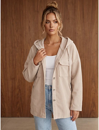 Dámská oversize kordurová bunda s kapucí, béžová, FashionStreet TY6051 Dámská oversize kordurová bunda s kapucí, béžová, FashionStreet TY6051